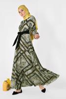 Tesettür giyim HAKİ LEOPAR VE GRAFİK DESENLİ ELBİSE 4944