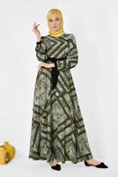 Tesettür giyim HAKİ LEOPAR VE GRAFİK DESENLİ ELBİSE 4944
