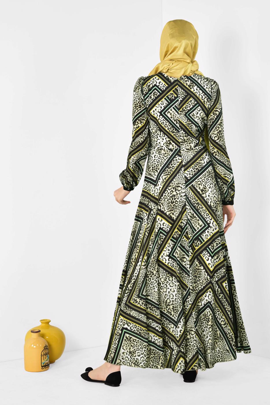 Tesettür giyim HAKİ LEOPAR VE GRAFİK DESENLİ ELBİSE 4944