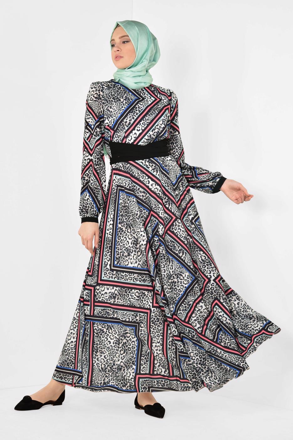 Tesettür giyim GRİ LEOPAR VE GRAFİK DESENLİ ELBİSE 4944
