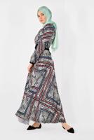 Tesettür giyim GRİ LEOPAR VE GRAFİK DESENLİ ELBİSE 4944