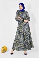 Tesettür giyim GRİ LEOPAR VE GRAFİK DESENLİ ELBİSE 4944