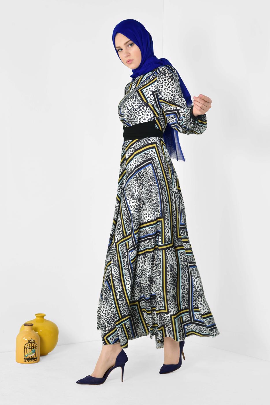 Tesettür giyim GRİ LEOPAR VE GRAFİK DESENLİ ELBİSE 4944