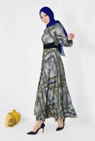 Tesettür giyim GRİ LEOPAR VE GRAFİK DESENLİ ELBİSE 4944