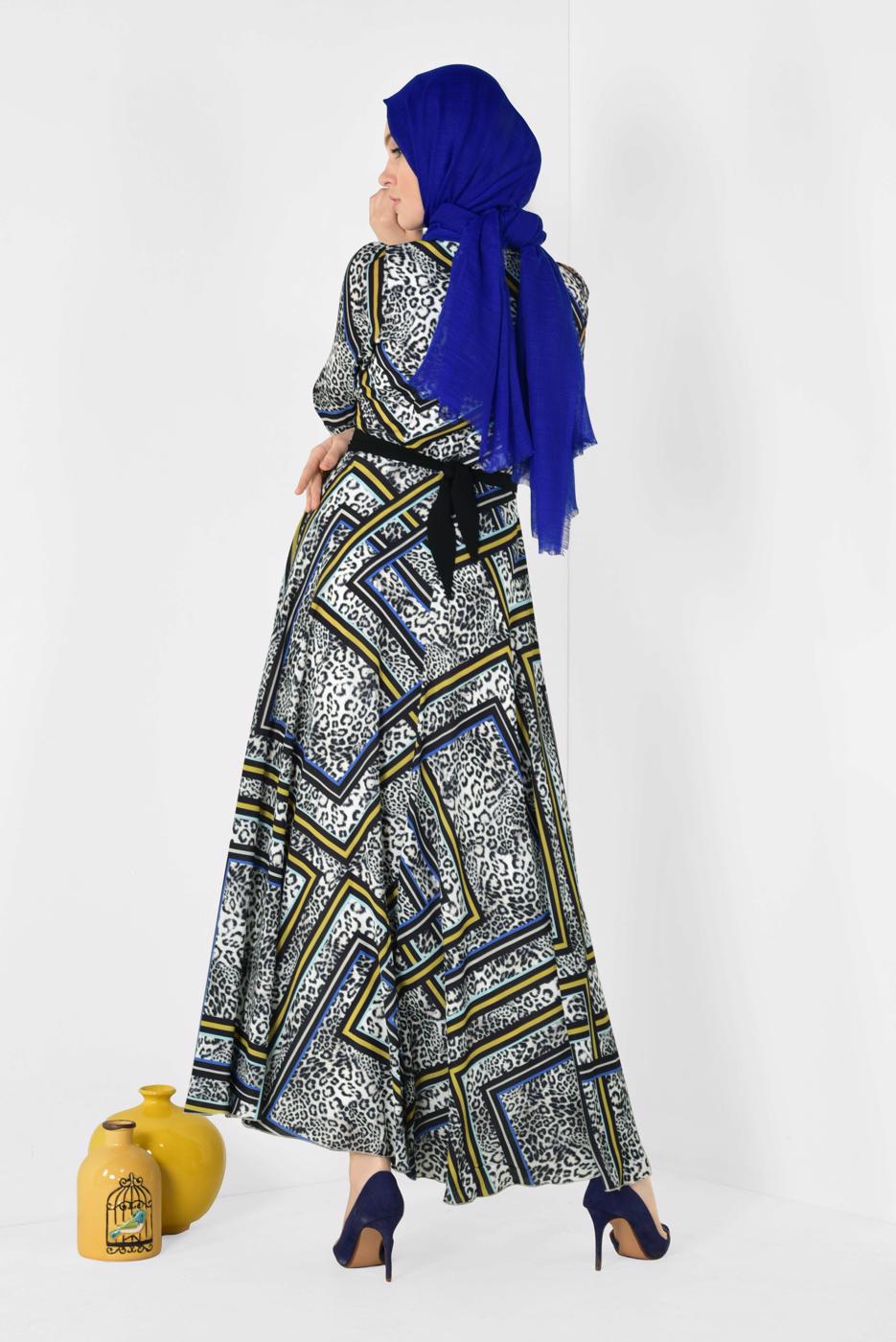 Tesettür giyim GRİ LEOPAR VE GRAFİK DESENLİ ELBİSE 4944