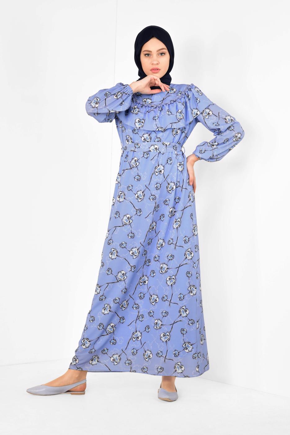 Tesettür giyim MAVİ ALVİNA ÇİÇEK DESENLİ BELİ KUŞAKLI ELBİSE T 4950