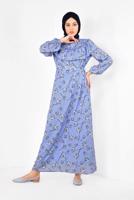 Tesettür giyim MAVİ ALVİNA ÇİÇEK DESENLİ BELİ KUŞAKLI ELBİSE T 4950