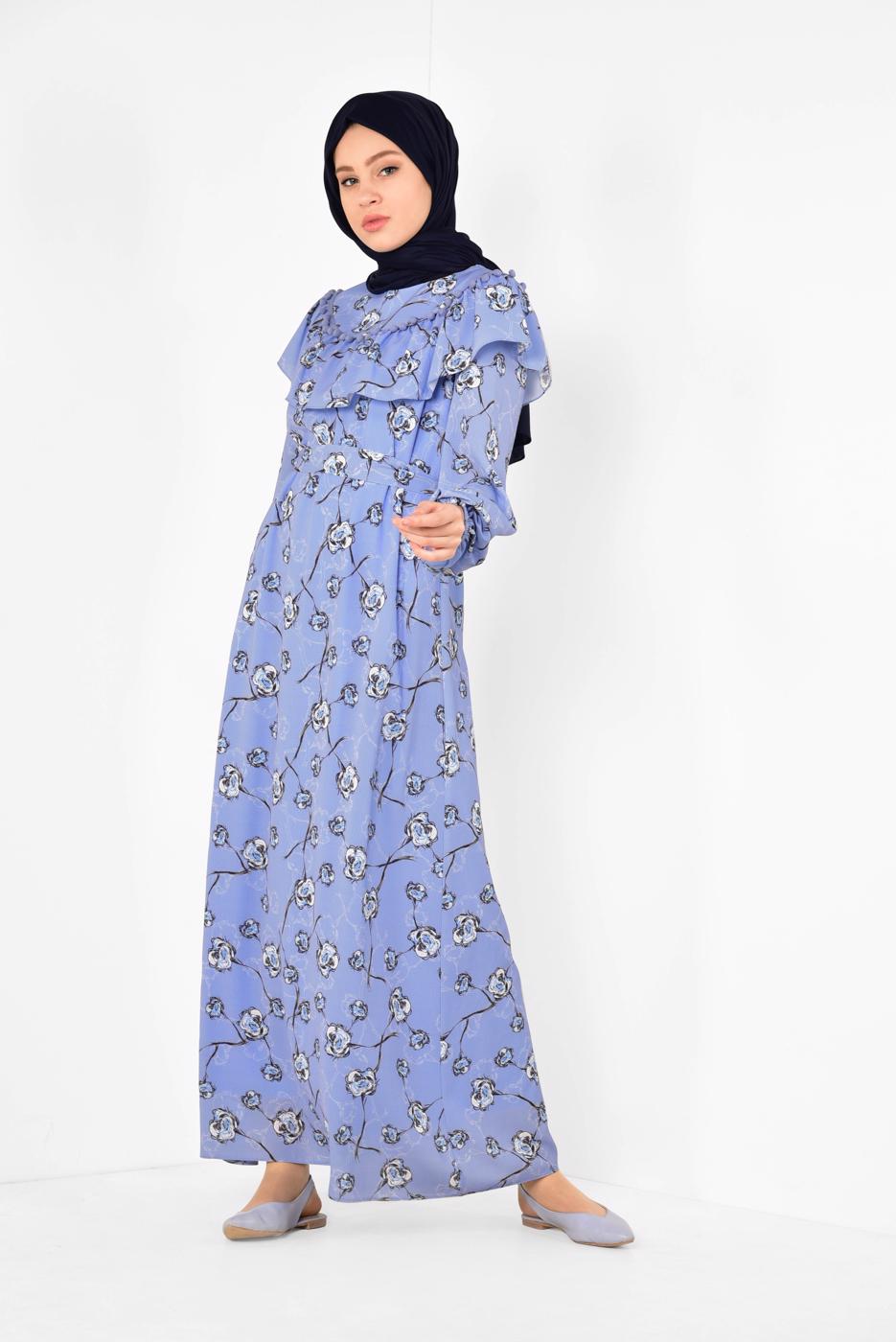 Tesettür giyim MAVİ ALVİNA ÇİÇEK DESENLİ BELİ KUŞAKLI ELBİSE T 4950