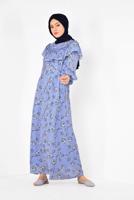 Tesettür giyim MAVİ ALVİNA ÇİÇEK DESENLİ BELİ KUŞAKLI ELBİSE T 4950
