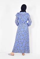 Tesettür giyim MAVİ ALVİNA ÇİÇEK DESENLİ BELİ KUŞAKLI ELBİSE T 4950
