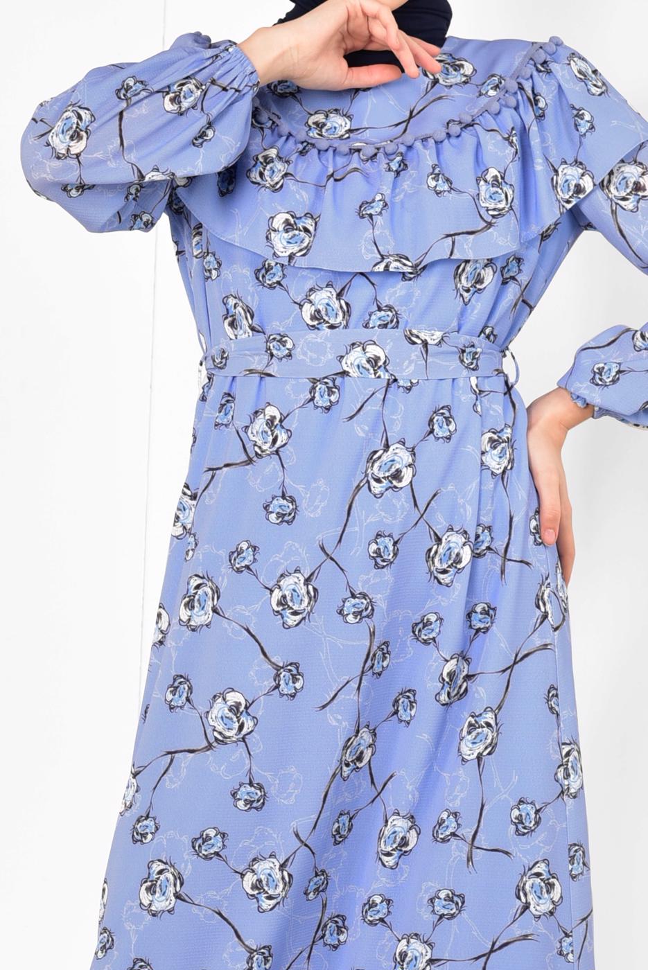 Tesettür giyim MAVİ ALVİNA ÇİÇEK DESENLİ BELİ KUŞAKLI ELBİSE T 4950