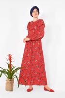 Tesettür giyim KIRMIZI ALVİNA ÇİÇEK DESENLİ BELİ KUŞAKLI ELBİSE T 4950