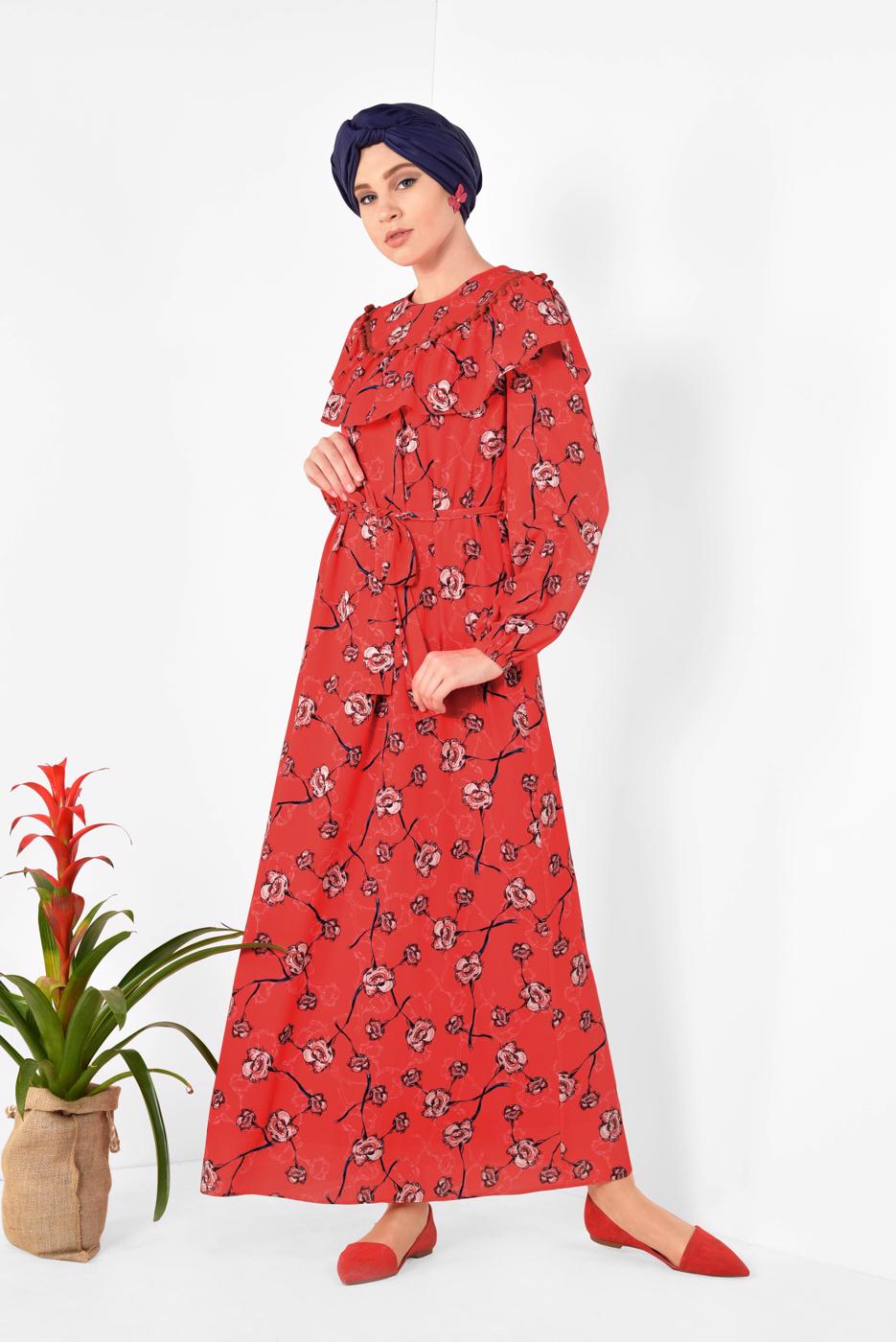 Tesettür giyim KIRMIZI ALVİNA ÇİÇEK DESENLİ BELİ KUŞAKLI ELBİSE T 4950