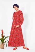 Tesettür giyim KIRMIZI ALVİNA ÇİÇEK DESENLİ BELİ KUŞAKLI ELBİSE T 4950