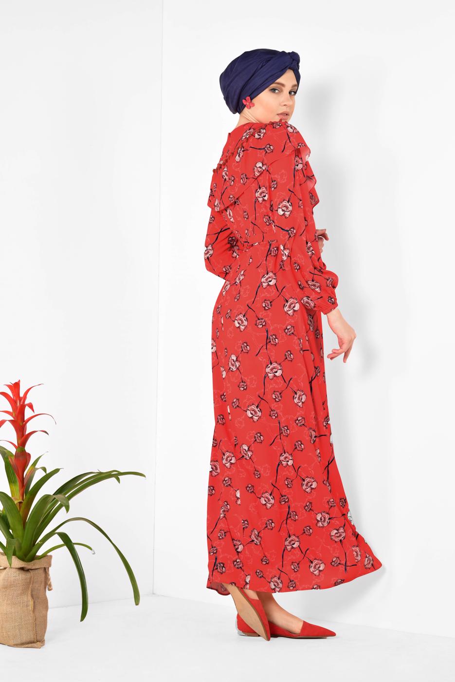Tesettür giyim KIRMIZI ALVİNA ÇİÇEK DESENLİ BELİ KUŞAKLI ELBİSE T 4950