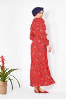 Tesettür giyim KIRMIZI ALVİNA ÇİÇEK DESENLİ BELİ KUŞAKLI ELBİSE T 4950