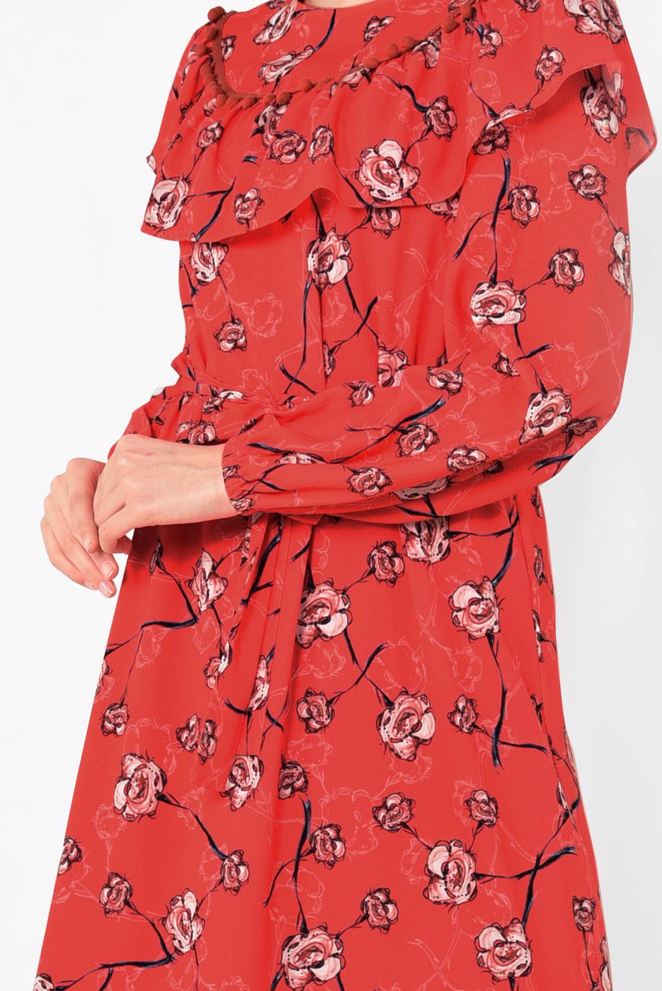 Tesettür giyim KIRMIZI ALVİNA ÇİÇEK DESENLİ BELİ KUŞAKLI ELBİSE T 4950