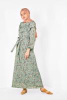 Tesettür giyim YEŞİL ALVİNA ÇİÇEK DESENLİ BELİ KUŞAKLI ELBİSE T 4950