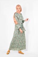Tesettür giyim YEŞİL ALVİNA ÇİÇEK DESENLİ BELİ KUŞAKLI ELBİSE T 4950