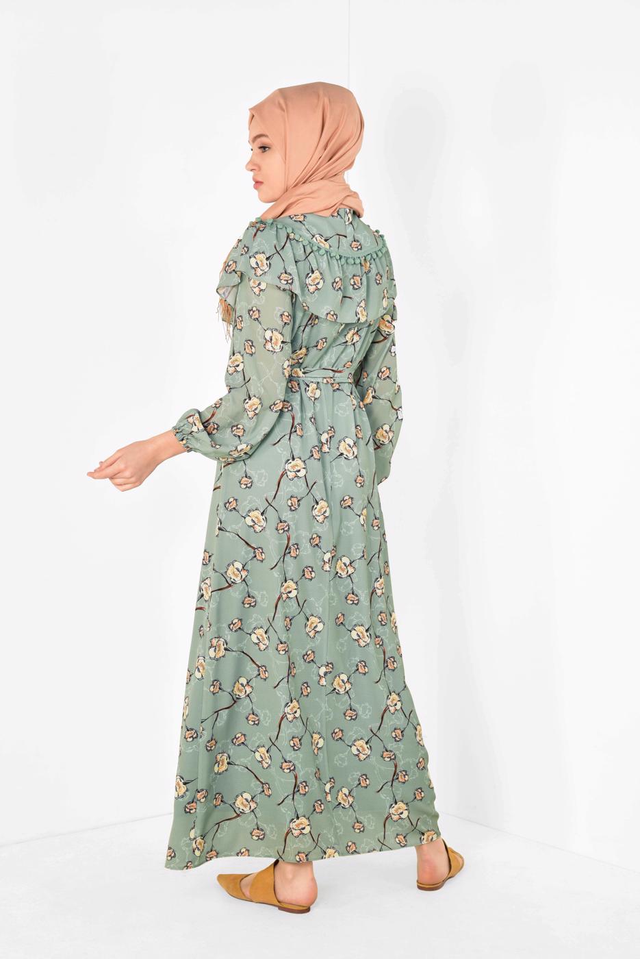 Tesettür giyim YEŞİL ALVİNA ÇİÇEK DESENLİ BELİ KUŞAKLI ELBİSE T 4950