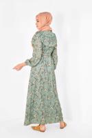 Tesettür giyim YEŞİL ALVİNA ÇİÇEK DESENLİ BELİ KUŞAKLI ELBİSE T 4950