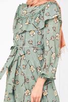 Tesettür giyim YEŞİL ALVİNA ÇİÇEK DESENLİ BELİ KUŞAKLI ELBİSE T 4950