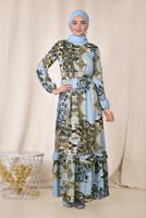 Tesettür giyim MAVİ ETEK UCU FIRFIRLI DESENLİ ELBİSE 4967