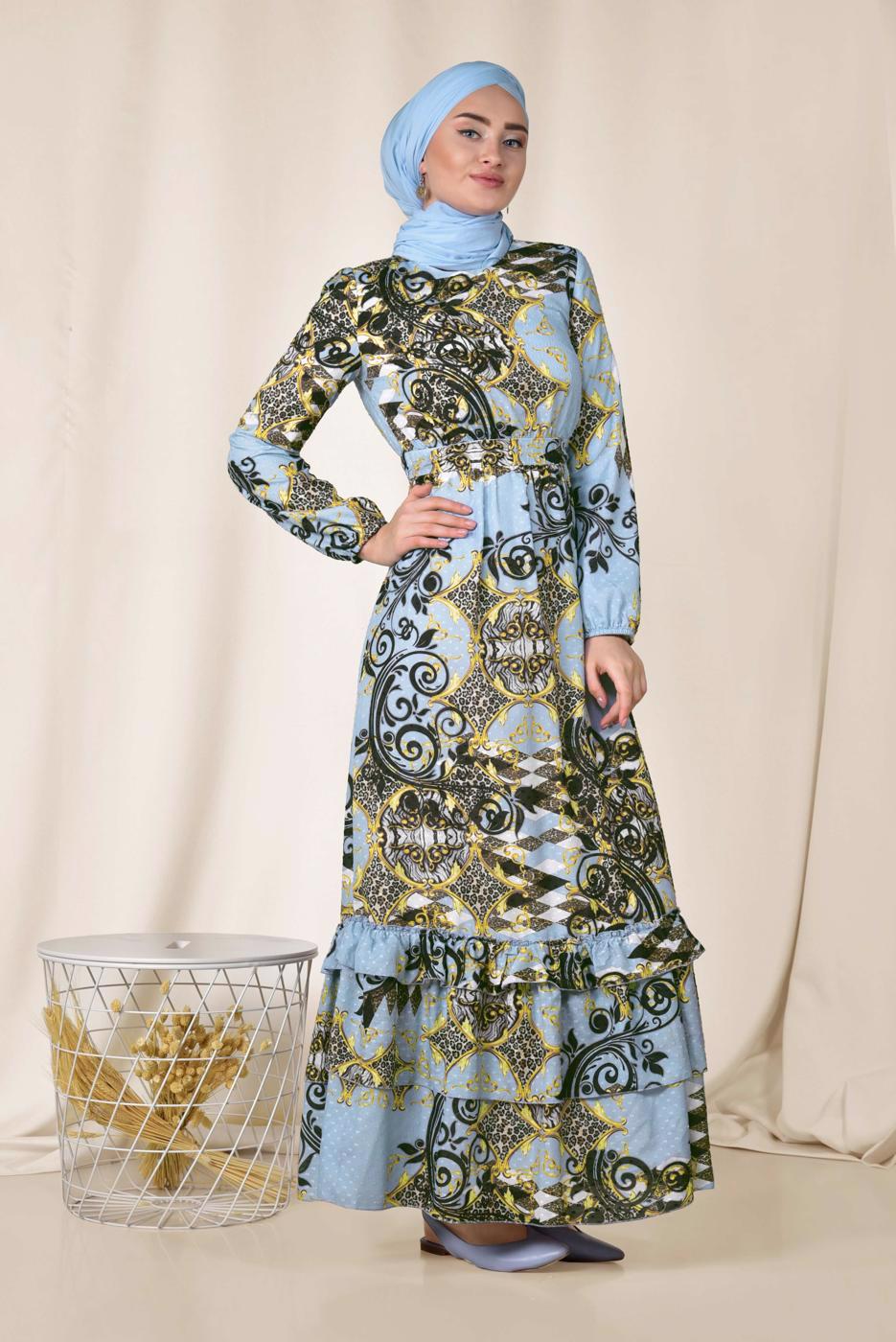Tesettür giyim MAVİ ETEK UCU FIRFIRLI DESENLİ ELBİSE 4967