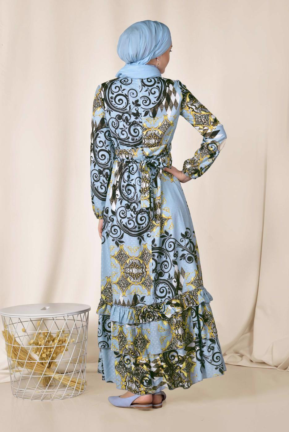 Tesettür giyim MAVİ ETEK UCU FIRFIRLI DESENLİ ELBİSE 4967