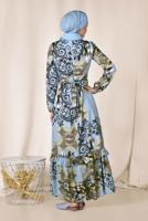 Tesettür giyim MAVİ ETEK UCU FIRFIRLI DESENLİ ELBİSE 4967