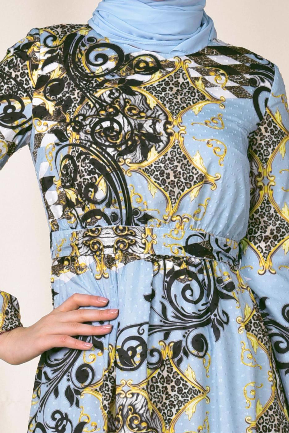 Tesettür giyim MAVİ ETEK UCU FIRFIRLI DESENLİ ELBİSE 4967