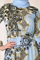 Tesettür giyim MAVİ ETEK UCU FIRFIRLI DESENLİ ELBİSE 4967