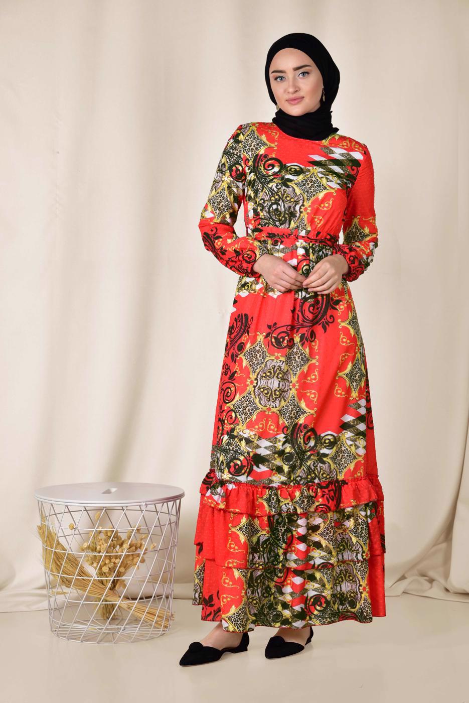 Tesettür giyim KIRMIZI ETEK UCU FIRFIRLI DESENLİ ELBİSE 4967