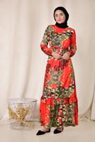 Tesettür giyim KIRMIZI ETEK UCU FIRFIRLI DESENLİ ELBİSE 4967