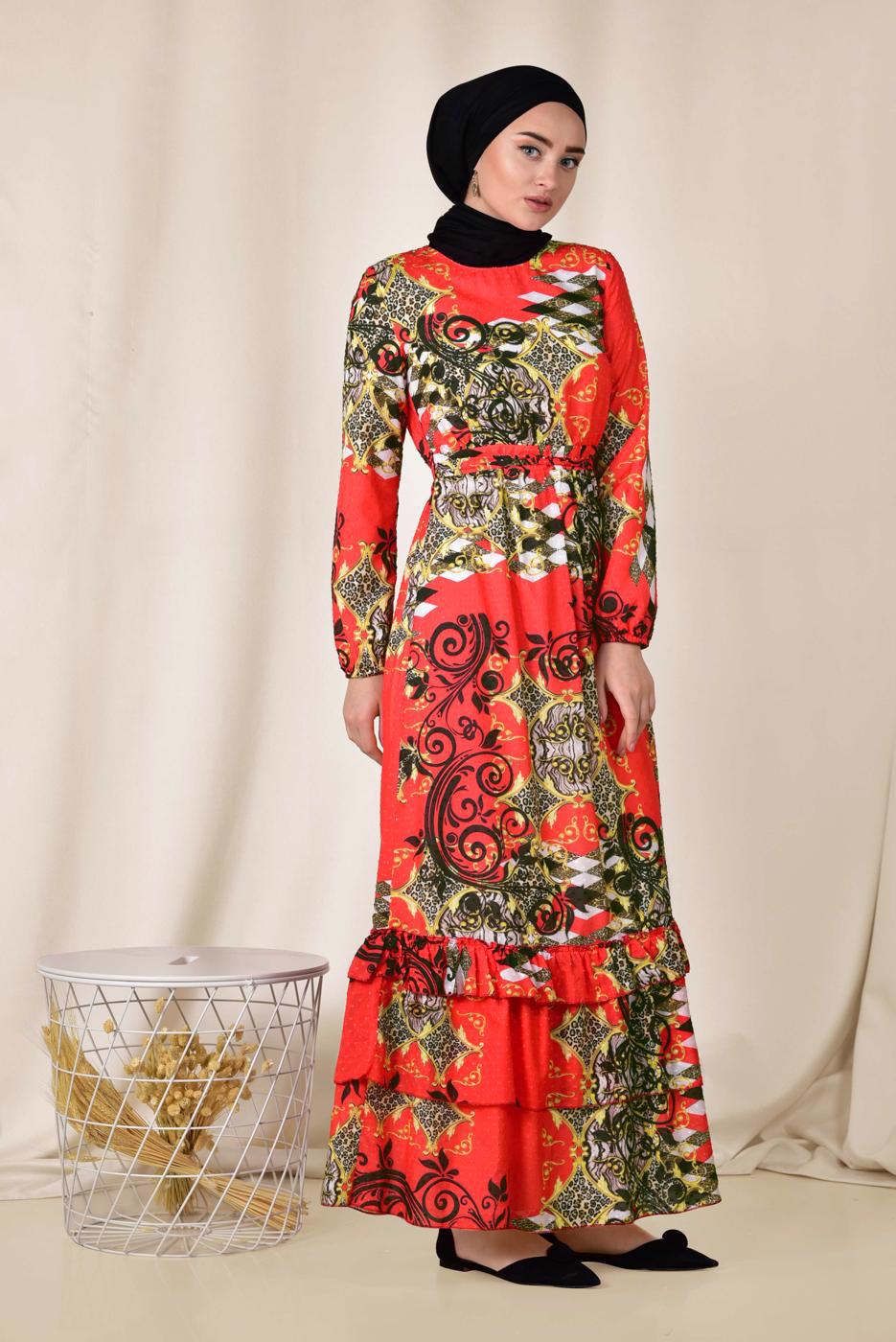 Tesettür giyim KIRMIZI ETEK UCU FIRFIRLI DESENLİ ELBİSE 4967