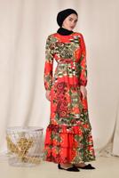 Tesettür giyim KIRMIZI ETEK UCU FIRFIRLI DESENLİ ELBİSE 4967