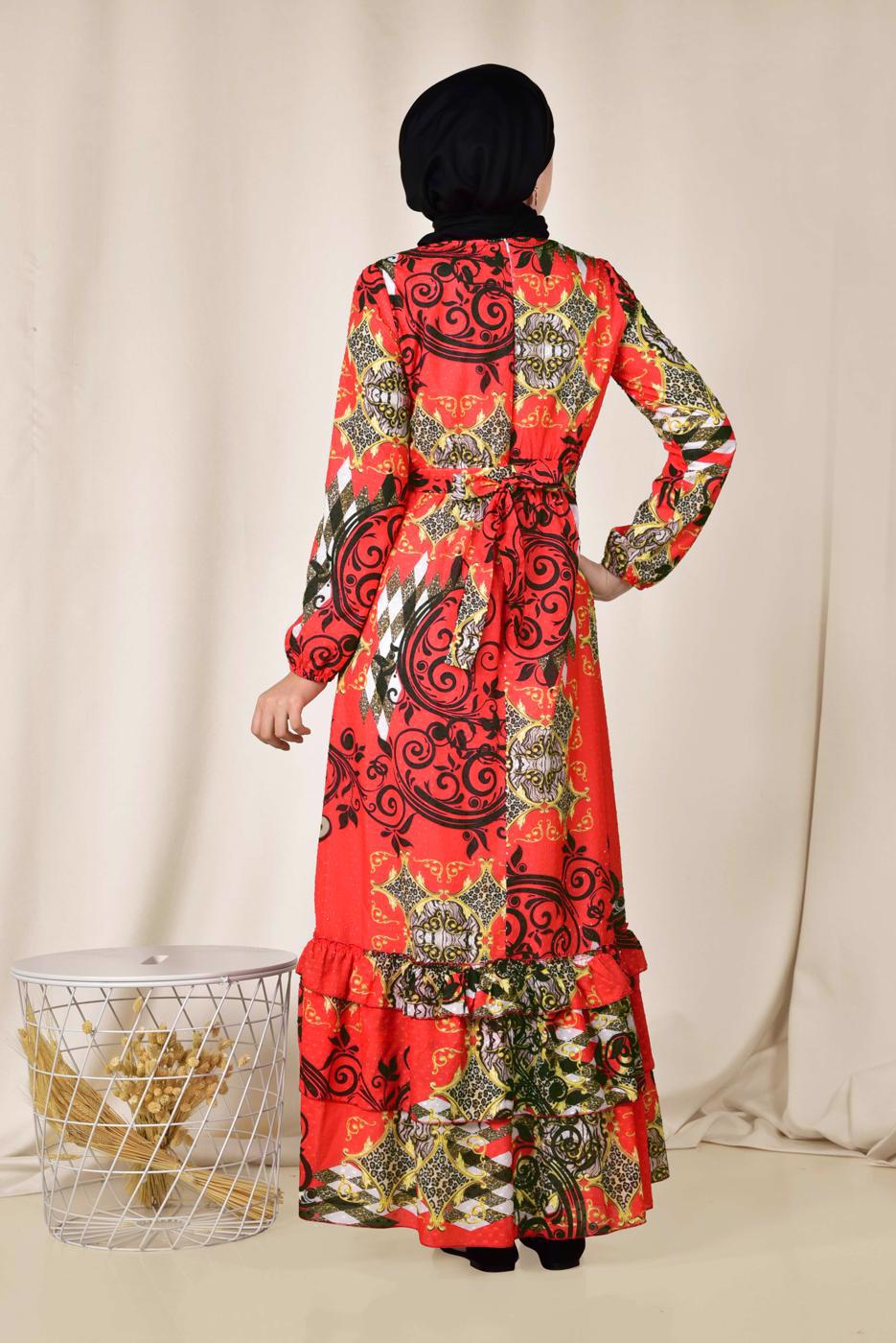 Tesettür giyim KIRMIZI ETEK UCU FIRFIRLI DESENLİ ELBİSE 4967