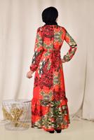Tesettür giyim KIRMIZI ETEK UCU FIRFIRLI DESENLİ ELBİSE 4967