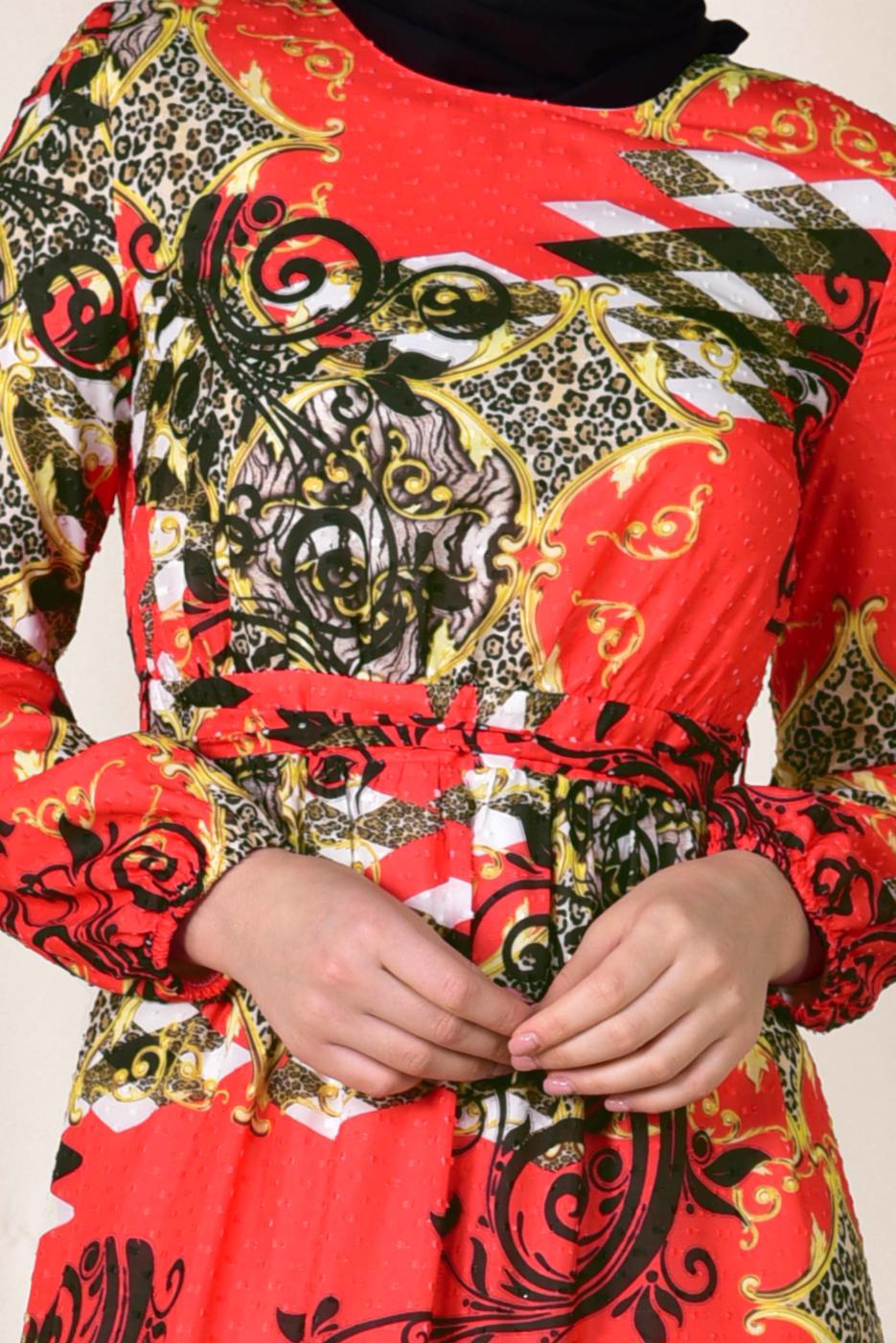 Tesettür giyim KIRMIZI ETEK UCU FIRFIRLI DESENLİ ELBİSE 4967