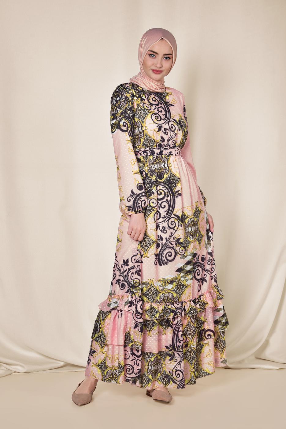 Tesettür giyim PUDRA ETEK UCU FIRFIRLI DESENLİ ELBİSE 4967