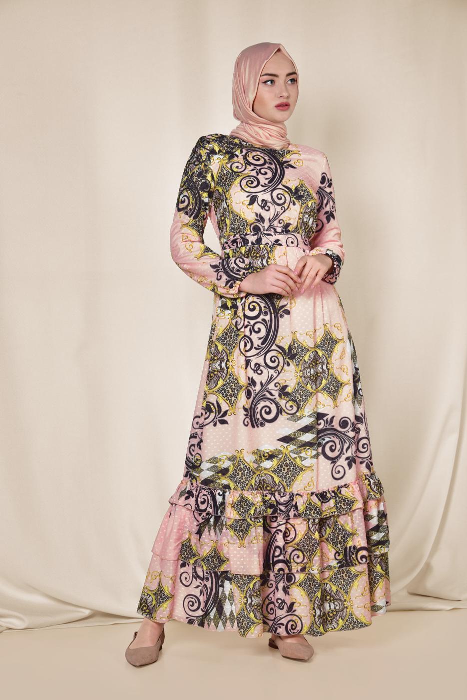 Tesettür giyim PUDRA ETEK UCU FIRFIRLI DESENLİ ELBİSE 4967