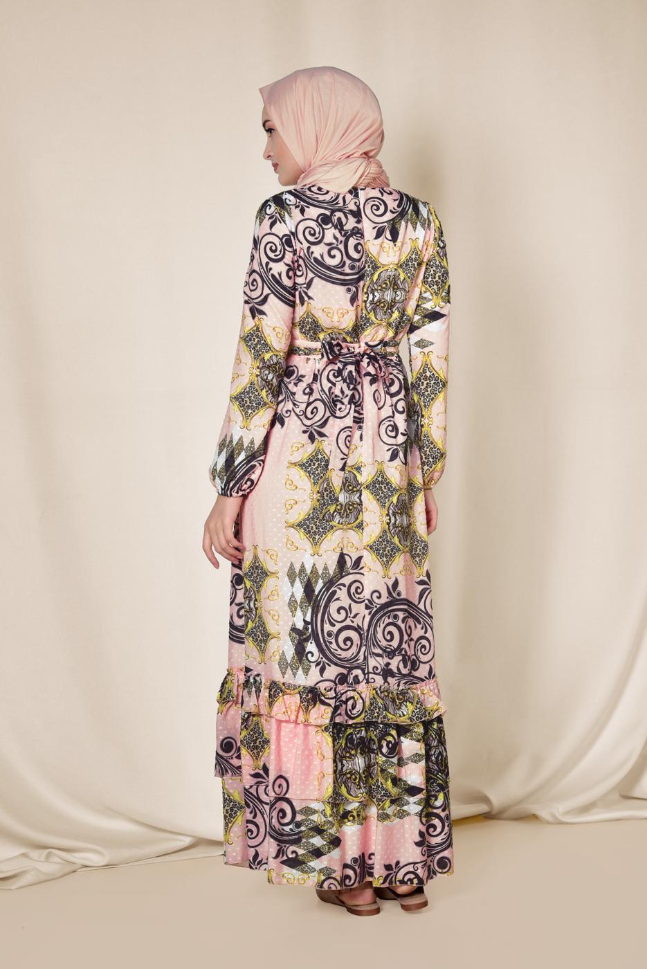 Tesettür giyim PUDRA ETEK UCU FIRFIRLI DESENLİ ELBİSE 4967