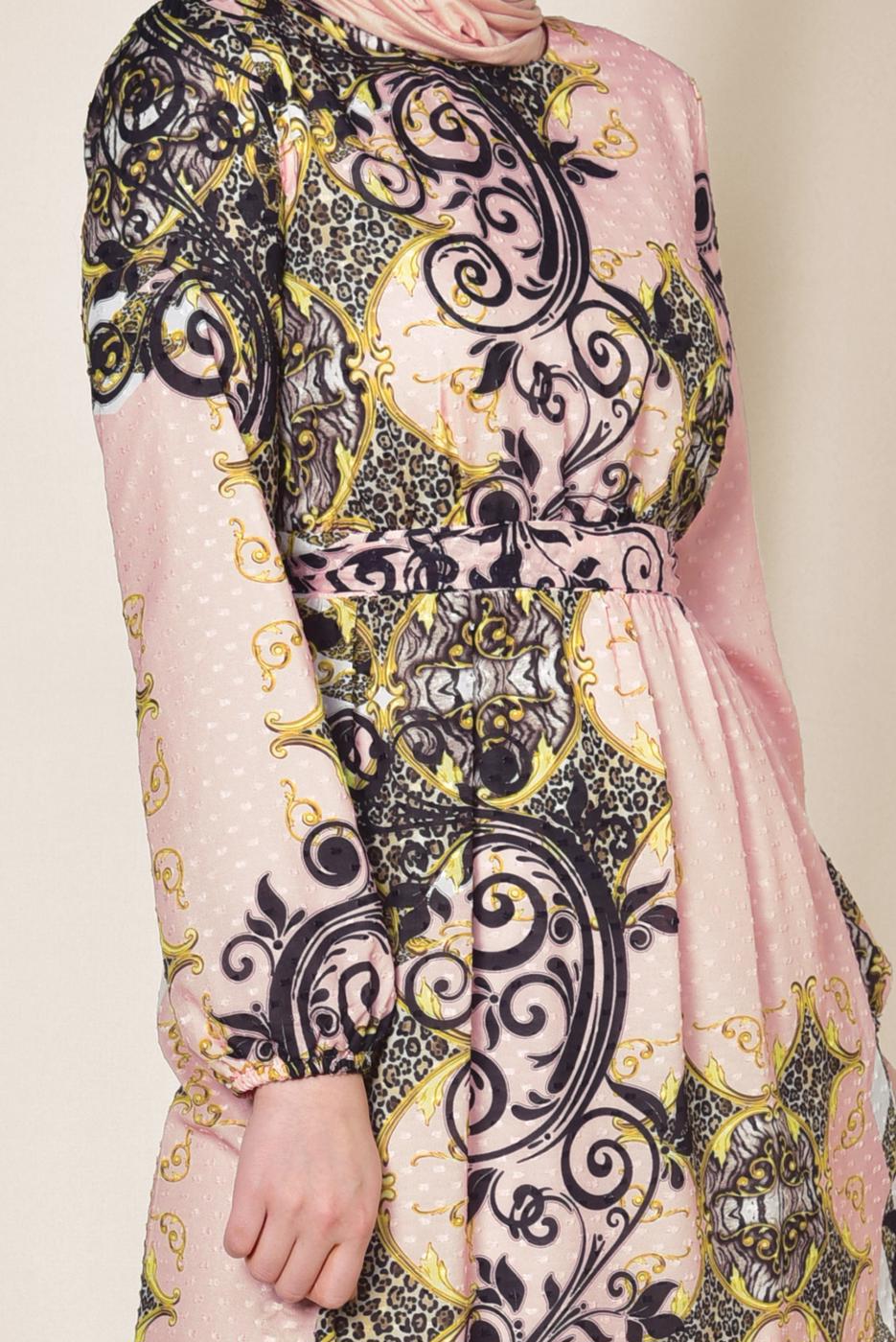 Tesettür giyim PUDRA ETEK UCU FIRFIRLI DESENLİ ELBİSE 4967