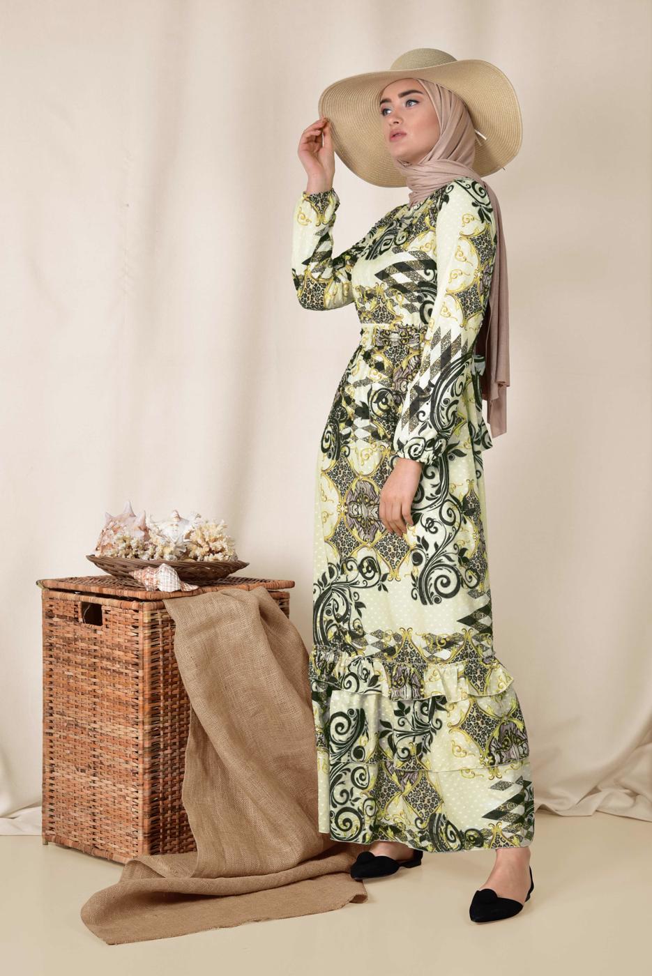 Tesettür giyim SİYAH ETEK UCU FIRFIRLI DESENLİ ELBİSE 4967