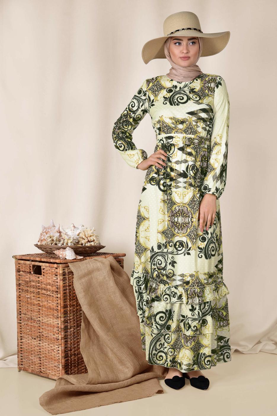 Tesettür giyim SİYAH ETEK UCU FIRFIRLI DESENLİ ELBİSE 4967