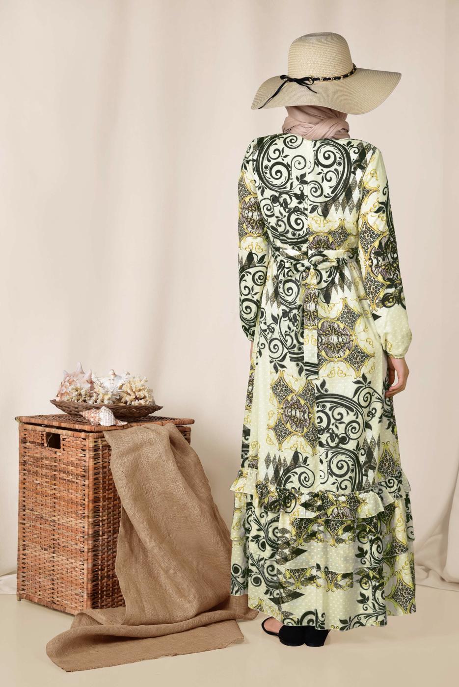 Tesettür giyim SİYAH ETEK UCU FIRFIRLI DESENLİ ELBİSE 4967