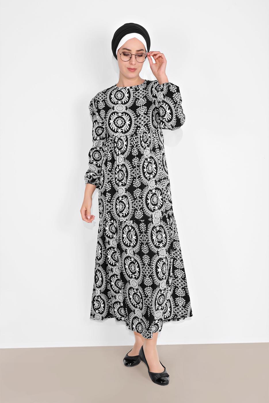 Vêtements hijab NOIR ROBE LONGUE À MOTIFS 6030 