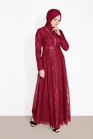 Vêtements hijab ROUGE BORDEAUX ROBE EN DENTELLE À COL ROND AVEC CEINTURE 6665