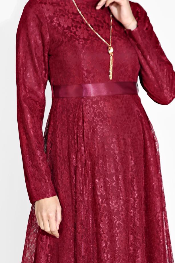Vêtements hijab  CREW NECK LACY BELTED DRESS 6665 - TRENDTESETTÜR