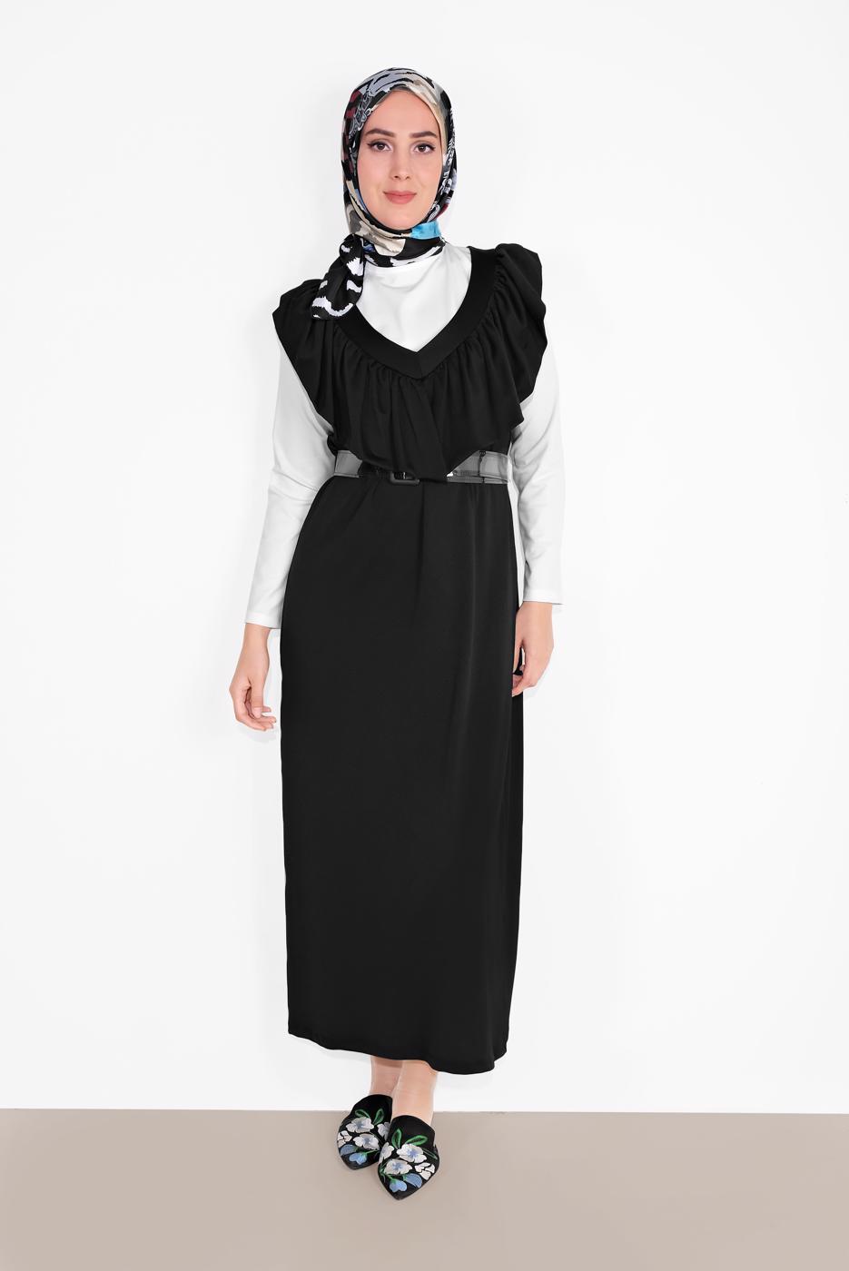Tesettür giyim SİYAH YAKASI FIRFIR DETAYLI İKİLİ ELBİSE 6816